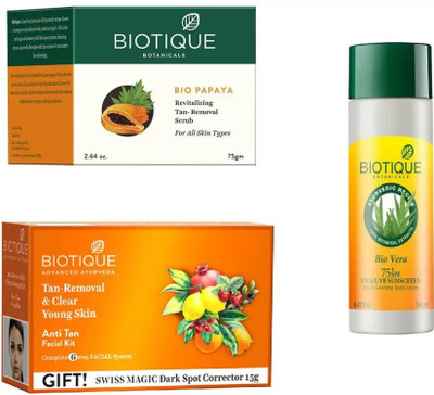 

BIOTIQUE BIO Bio Papaya Revitalizing Tan Removal Scrub, Bio Anti Tan Facial Kit, Bio Vera 75 SPF Sunscreen Soothing Body Lotion(Set of 3)