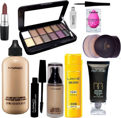 

caroline Sponge Puff, Mac Eyeshadow Palette 12 Shades, Liquid last Liner, Mascara, Match Master Foundation, Matte Finish Lipstick, BB Prep Prime Foundation, Anastasia Loose Powder Compact, Sun Expert SPF 24 Lotion(Set of 10)