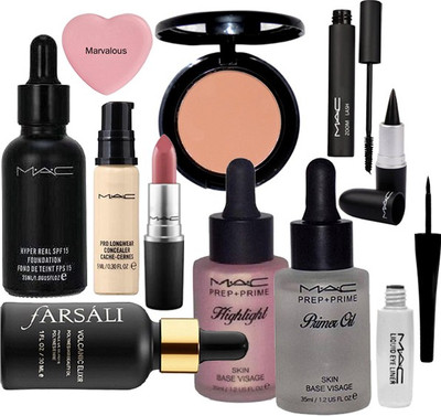 

marvalous silicon puff , mac hyper real foundation , pro long wear concealer , matte finish lipstick ,volcanic elixir face serum , blusher, prep+prime primer oil & pink highlighter , liquid eyeliner & zoom lash mascara with stick kajal(Set of 11)
