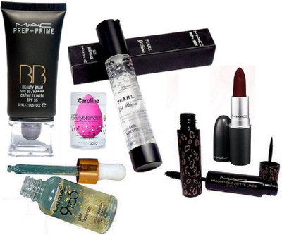 

caroline Sponge Puff & Mac Liquid 2 In Eyeliner, Mascara,B B Beauty Balm Foundation, Lipstick, Primer, Lakme 9 To 5 Gold Radiance Serum(Set of 6)