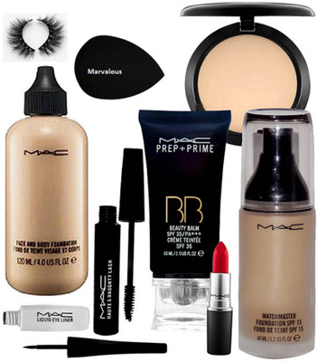 

Marvalous sponge puff , face and body & match master foundation , prep+prime BB beauty balm cream teintee , liquid eye liner , mascara with compact , matte finish lipstick & eyelashes(Set of 9)