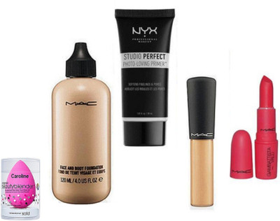 

caroline Silicone Puff &Mac Face And Body Foundation,Mineralize Concealer, NYX Primer, Giambattista Matte Finish Lipstick(Set of 5)