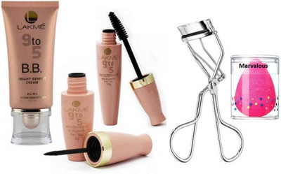 Marvalous SPONGE PUFF , 9 to 5 B.B. bright benefit all in 1 instan skin stylist , liquid eyeliner & mascara with eyelash curler(Set of 5)
