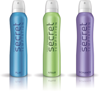 

Secret Temptation Play, Romance & Affair Pack of 3 Deodorant Spray - For Women(450 ml, Pack of 3)