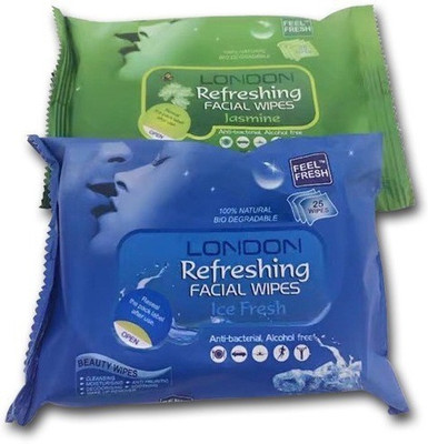 

LONDON Refreshing FACIAL WIPES [ ORIGINAL PRODUCT ] 100% NATURAL, HYGENIC & REFRESHING WET WIPES [ 25 WIPES PER PACK ] 1 JASMINE + 1 ICE FRESH(Pack of 25)