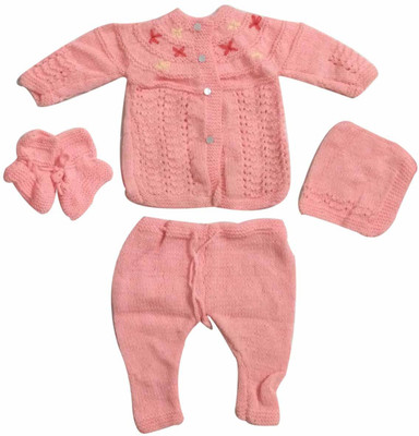 Cute Collection Baby Boys & Baby Girls Casual Sweater Bootie, Pyjama, Cap(Pink)