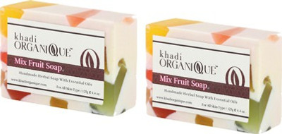 

KHADI ORGANIQUE HANDMADE MIX FRUIT SOAP WITH ESSENTIAL OIL 250 GM PACK OF 2(250 g, Pack of 2)