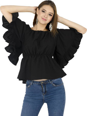 Rays Casual Butterfly Sleeve Solid Women Black Top