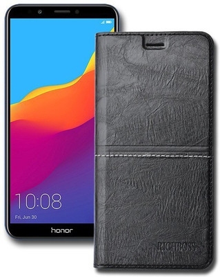 Marshland Flip Cover for Honor 7C, Leather Inner Soft Silicon Wallet Design with Kickstand, Black(Black, Dual Protection)