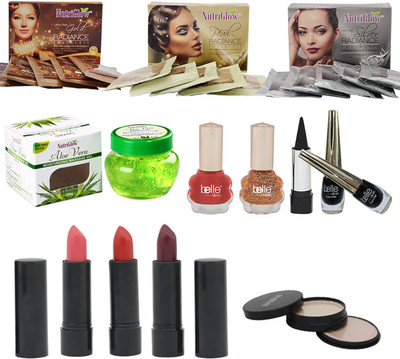 NutriGlow SET OF SKIN RADIANCE ( 1 GOLD + 1 PEARL + 1 SILVER ) FACIAL KITS + 1 ALOE VERA GEL + 3 LIPSTICKS + 2 NAIL PAINTS + 2 EYE LINERS + 1 KAJAL + 1 (5-IN1) COMPACT(Set of 1)