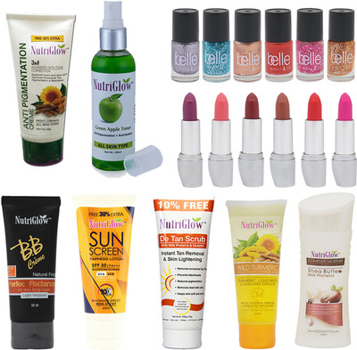 

NutriGlow SET OF 1 ANTI PIGMENTATION CREAM + 1 GREEN APPLE TONER + 6 BELLE PARIS NAIL PAINTS + 6 LIPSTICKS + 1 BB CREAM + 1 TURMERIC FACE WASH + SUN SCREEN SPF30 + 1 DE-TAN SCRUB + 1 SHEA BUTTER MOISTURIZER(Set of 1)
