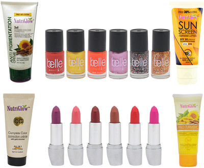 

NutriGlow SET OF 1 ANTI PIGMENTATION CREAM + 1 TURMERIC FACE WASH + 1 CC CREAM + 1 SUNSCREEN (SPF30) + 6 BELLE PARIS NAIL PAINTS + 6 LIPSTICKS(Set of 1)