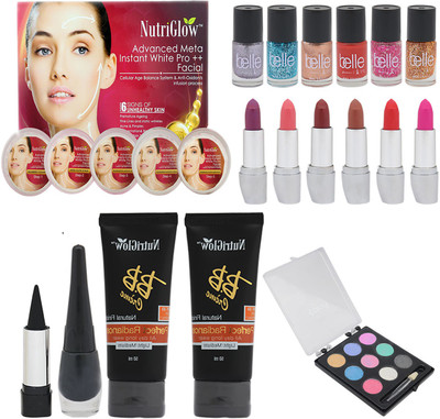 

NutriGlow SET OF 1 ADVANCED META FACIAL KIT + 6 NAIL PAINTS + 6 LIPSTICKS + 2 BB CREAM + 1 KAJAL + 1 EYE SHADOW + 1 EYE LINER(Set of 18)