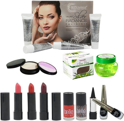 

NutriGlow SET OF SKIN RADIANCE SILVER FACIAL KIT + 1 ALOE VERA GEL + 1 (5-IN-1) COMPACT + 2 BELLE PARIS EYE LINERS + 2 BELLE PARIS NAIL PAINTS + 3 LIPSTICKS + 1 KAJAL(Set of 1)