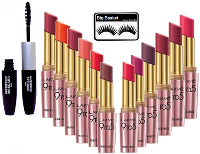 

big Basket eyelashes, Lakme 9to5 Lipstick set of 12, Colorbar Eyeliner & Mascara(Set of 14)