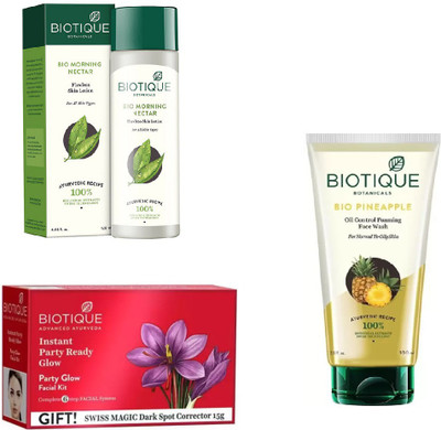 

BIOTIQUE BIO Bio Morning Nectar Flawless Skin Lotion For All Skin Types, Bio Party Glow Facial Kit, Bio Pineapple Face Wash(Set of 3)