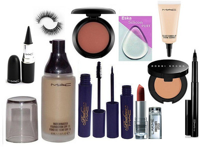 

eska Silicon Puff , Mac Matchmaster Foundation SPF 15 & Lakme Enrich Matte Lipstick, Mac Padma Eyeliner, Mascara, Blusher, Stick Kajal, Eyelashes, Select Cover-Up & Bobbi Brown Concealer, Mac Pen Eyeliner(Set of 11)