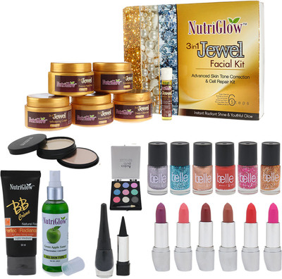 

NutriGlow SET OF 1 (3-IN-1) JEWEL FACIAL KIT + 1 BB CREAM + 1 GREEN APPLE TONER + 1(5-IN-1) COMPACT + 1 EYE SHADOW + 1 KAJAL + 1 EYE LINER + 6 BELLE PARIS NAIL PAINTS + 6 LIPSTICKS(Set of 1)