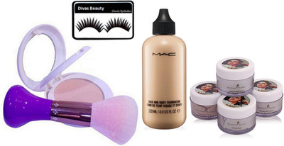 

divas beauty Eyelashes,Two Way Compact Loose Powder , Makeup Brush, Liquid Foundation Face & Body 120 ml, Shahnaz Husain Diamond Skin Revival Facial Kit(Set of 5)