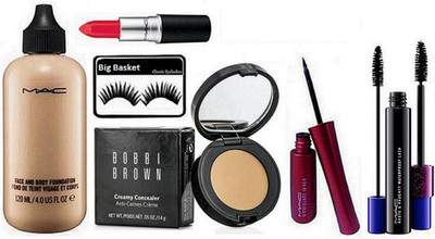 

big Basket Eyelashes & Mac Face and Body Foundation, Liquidlast Liner with Haute & Naughty Doble Effect Mascara, matte finish Lipstick With Bobbi Brown Corrector Concealer(Set of 6)
