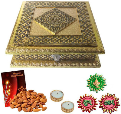 

Maalpani Golden Dryfruit Box Shubh Labh Ganesh Floor Rangoli and Tealight Candles with Holders For Diwali Gifting. Combo(5)