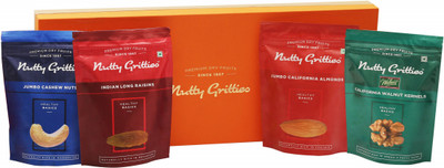 

Nutty Gritties Gourmet A Dry Fruits Gift Box Combo(Jumbo Californian Almonds 223g-Jumbo Mangalore Cashewnuts 223g-Indian Long Green Raisins 223g-Jumbo Californian Walnut kernals 223g)