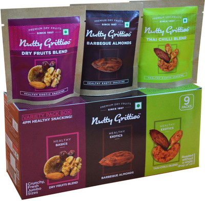 

Nutty Gritties 4PM Healthy Snacks Variety Pack Gift Box Combo(3pcs Barbeque Almonds 21g each-3pcs Dry Fruit Blend 25g each-3pcs Thai Chilli Blend 25g each)
