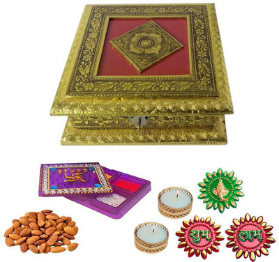 

Maalpani Diwali Gift Finest dryfruits Hamper with fancy Kankavati Shubh labh Stickers n Greeting Card. Combo(5)