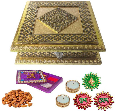 

Maalpani Diwali wishes With Golden German Dryfruit Box n fancy Kankavati Shubh labh Stickers n Greeting Card. Combo(5)