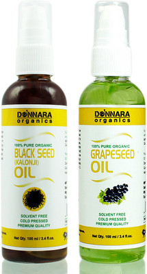 

Donnara Organics 100% Pure Black seed(Kalonji) oil and Grapeseed oil Combo of 2 Bottles of 100 ml(200 ml) Hair Oil(200 ml)