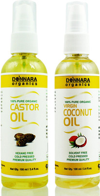 

Donnara Organics 100% Pure Castor oil and Coconut oil Combo of 2 Bottles of 100 ml(200 ml) Hair Oil(200 ml)