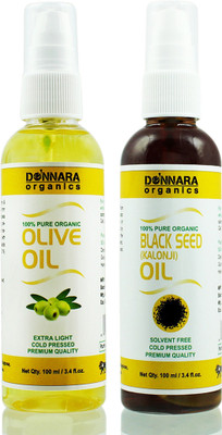 

Donnara Organics 100% Pure Olive oil and Black seed(Kalonji) oil Combo of 2 Bottles of 100 ml(200 ml) Hair Oil(200 ml)