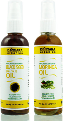 

Donnara Organics 100% Pure Black seed(Kalonji) oil and Moringa oil Combo of 2 Bottles of 100 ml(200 ml) Hair Oil(200 ml)