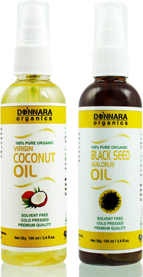 

Donnara Organics 100% Pure Coconut oil and Blackseed(Kalonji) oil Combo of 2 Bottles of 100 ml(200 ml) Hair Oil(200 ml)