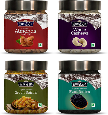 

SUN'A'DO Dry Fruit Combo Pack - Almonds, Cashews, Black Raisins & Green Raisins - 200gm Each Assorted Nuts(800 g, Plastic Bottle)