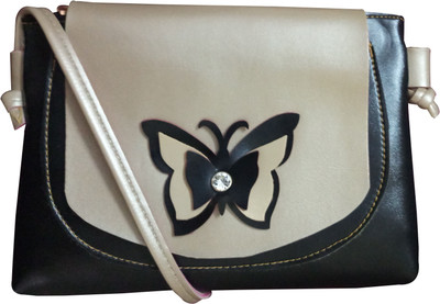 

Hims Women Casual Tan, Black PU Sling Bag, Black;tan