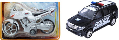 

The Game Begins Combo Toys of Karizma Bike and Policar Car Toys | Toys for kids| Miniature Cars Toys | Pull back and Go | White and Black Color - Set of 2 Toys - Value Pack(Multicolor)