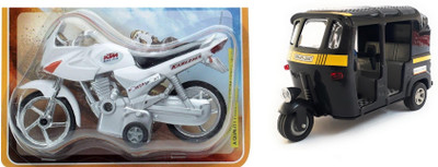 

The Game Begins Combo Toys of Auto Rickshaw and Karizma Bike Toys | Toys for kids| Miniature Cars Toys | Pull back and Go | Black and White Color - Set of 2 Toys - Value Pack(Multicolor)