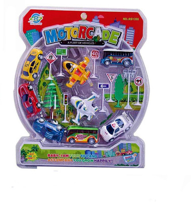 

Happy GiftMart Set of 2 Plane, 2 Bus 4 Cars, 2 Trees and 8 Traffic Signs in Total for Kids Toy Pull Back Car(Multicolor)