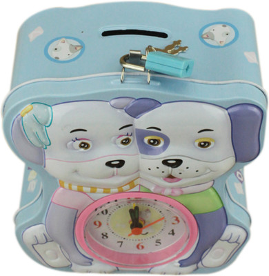 

AVMART Blue Two Puppies Coin Bank with Lock & Table Analog Alarm Clock Coin Bank(Multicolor)