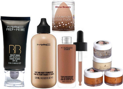 

divas beauty Sponge Puff & Mac Face And Body Foundation & Mac Studio Waterwight Liquid Foundation, Prep+Prime BB BEauty Balm Cream Foundation, Shahnaz Husain 24 Carot Gold Skin Radiance Facial Kit(Set of 5)