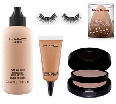 

divas beauty Sponge Puff & Face And Body Foundation Mac & Select Cover Up & Compact & eyelashes(Set of 5)