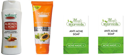

Nature's Almond & Honey Deep Cleansing Milk,papaya facewash with 2 anti acne soap(Set of 4)
