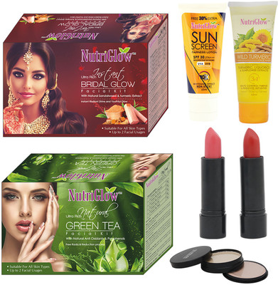 

NutriGlow SET OF FACIAL KITS (1 BRIDAL GLOW + 1 GREEN TEA) + 1 SUNSCREEN (SPF30) + 1 TURMERIC FACE WASH + 2 LIPSTICKS + 1 (5-IN-1) COMPACT(Set of 7)