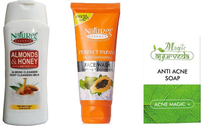

Nature's Almond & Honey Deep Cleansing Milk,papaya facewash with 1 anti acne soap(Set of 3)