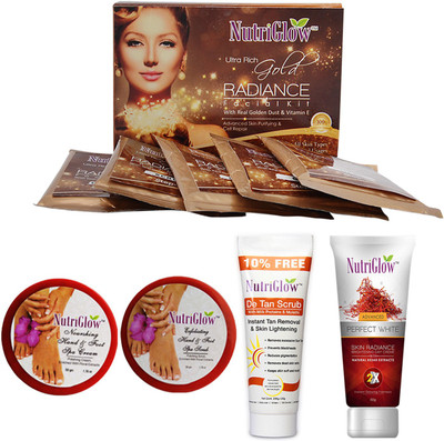 

NutriGlow SET OF 1 GOLD RADIANCE FACIAL KIT + HAND AND FOOT SPA KIT (1 SCRUB + 1 CREAM) + 1 DE-TAN SCRUB + 1 PERFECT RADIANCE (KESAR) CREAM(Set of 1)