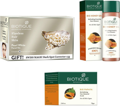 

BIOTIQUE BIO Pearl White Facial Kit, Bio Honey Gel Refreshing Foaming Face Cleanser For All Skin Types, Bio Papaya Revitalizing Tan Removal Scrub(Set of 3)