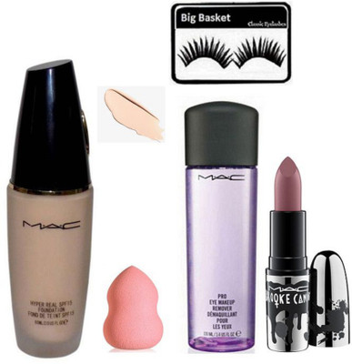 

big basket Eyelashes & Mac Hyper Real Foundation with Spongy Puff & Makeup Remover & Brooke Candy Brown Lipstick(Set of 5)