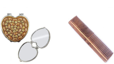 

RAAYA Perfect Karwa Chauth Gift Item For Wife Designer Pearl Compact Mirror, Folding Compact Mirror With Neem Wood Comb For Travel And Home Use, 30 Grams, Pack Of 1(Set of 2)