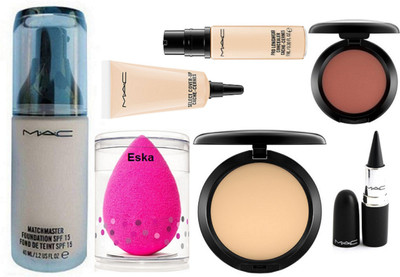 

Eska sponge Puff, Mac MatchMaster Foundation, Compact, Select Coverup, Pro Longwear Concealer, Blusher, Stick Kajal(Set of 7)